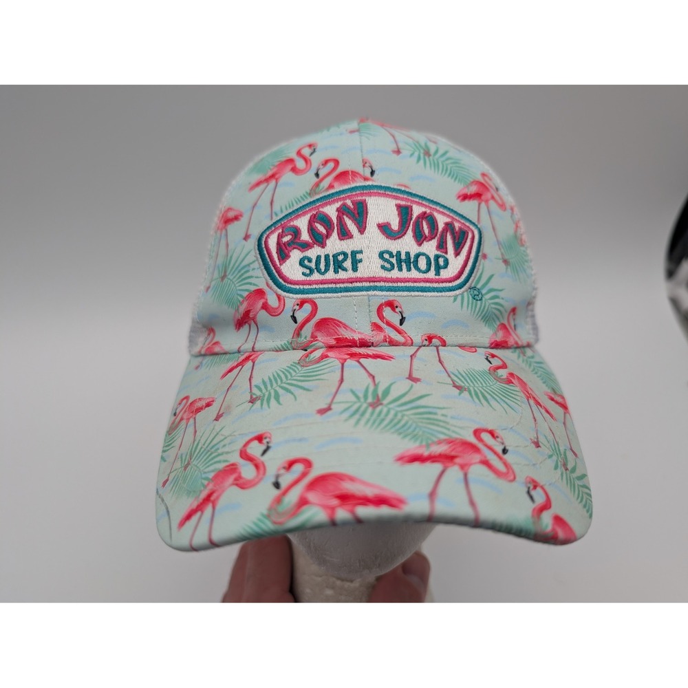 Ron Jon Surf Shop Flamingo Palm Print Trucker Hat Blue Pink Snapback Cap OSFM